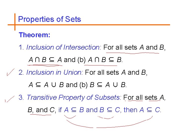 Properties of Sets Theorem: 1. Inclusion of Intersection: For all sets A and B,