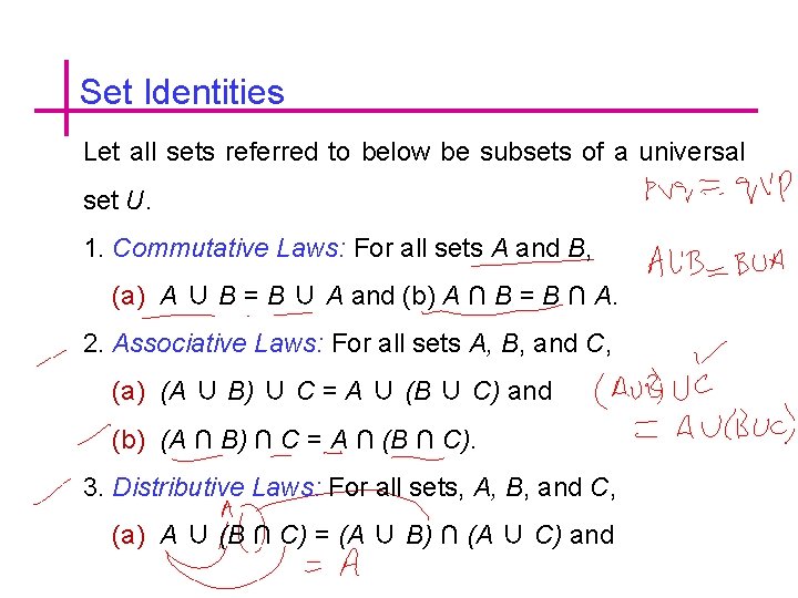 Set Identities Let all sets referred to below be subsets of a universal set