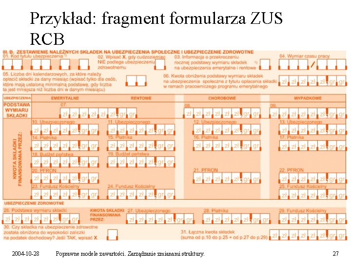Przykład: fragment formularza ZUS RCB 2004 -10 -28 Poprawne modele zawartości. Zarządzanie zmianami struktury.