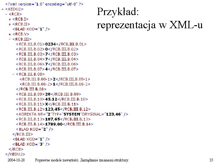 Przykład: reprezentacja w XML-u 2004 -10 -28 Poprawne modele zawartości. Zarządzanie zmianami struktury. 35