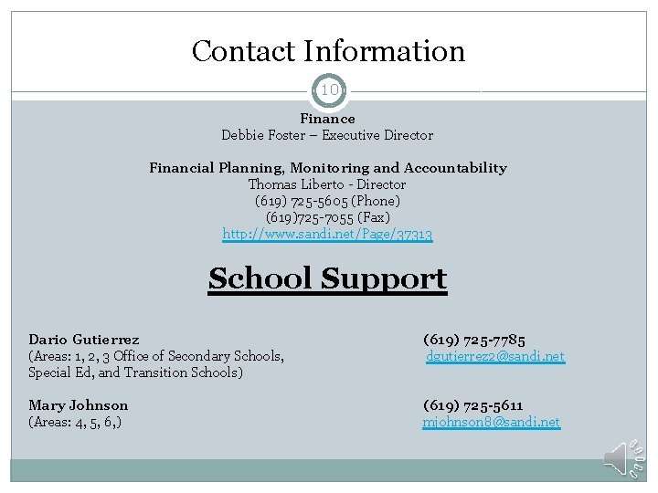 Contact Information 10 Finance Debbie Foster – Executive Director Financial Planning, Monitoring and Accountability