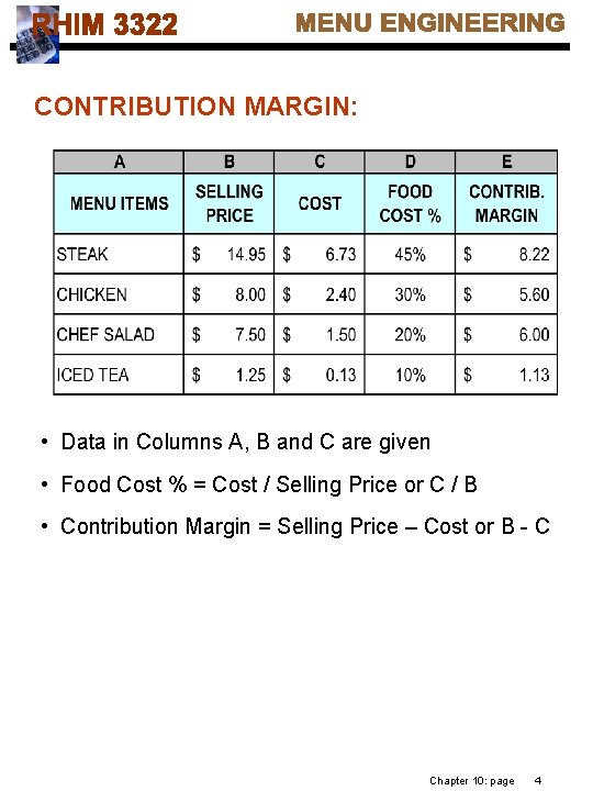 CONTRIBUTION MARGIN: • Data in Columns A, B and C are given • Food