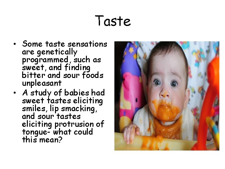 Taste • Some taste sensations are genetically programmed, such as sweet, and finding bitter