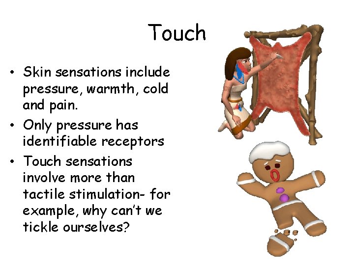 Touch • Skin sensations include pressure, warmth, cold and pain. • Only pressure has