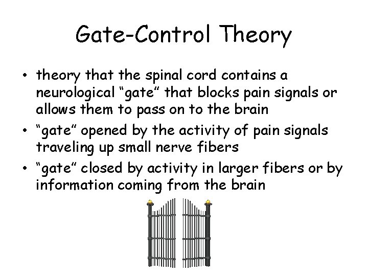 Gate-Control Theory • theory that the spinal cord contains a neurological “gate” that blocks