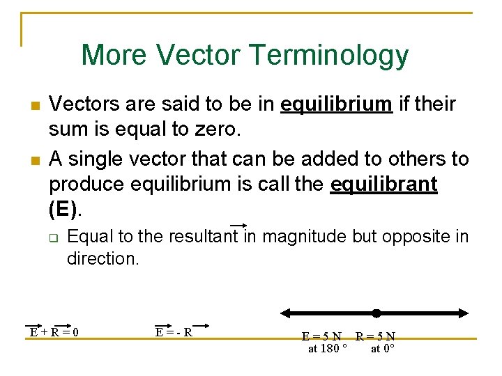 More Vector Terminology n n Vectors are said to be in equilibrium if their