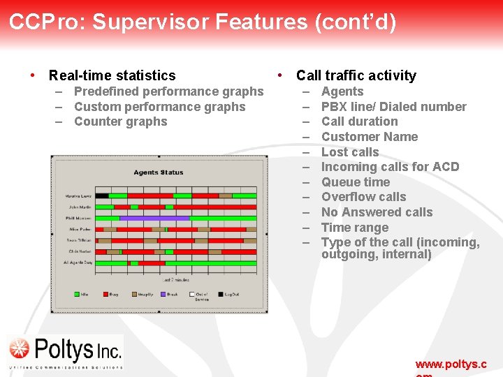 CCPro: Supervisor Features (cont’d) • Real-time statistics – Predefined performance graphs – Custom performance