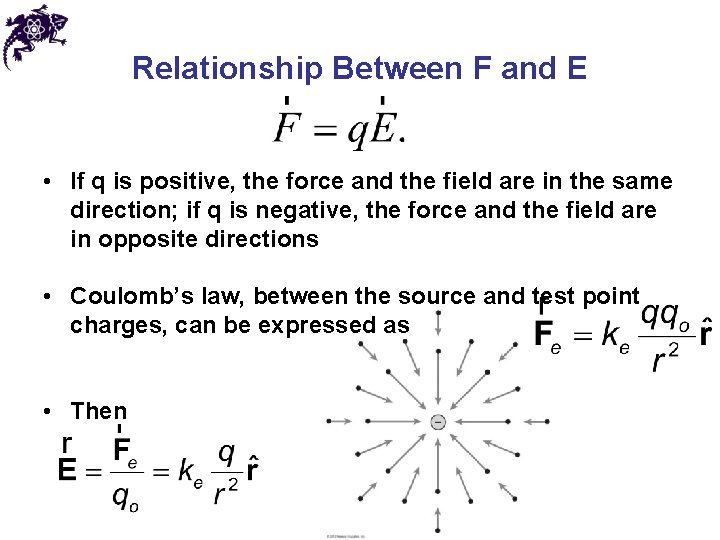 Relationship Between F and E • If q is positive, the force and the