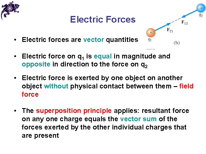 Electric Forces • Electric forces are vector quantities • Electric force on q 1