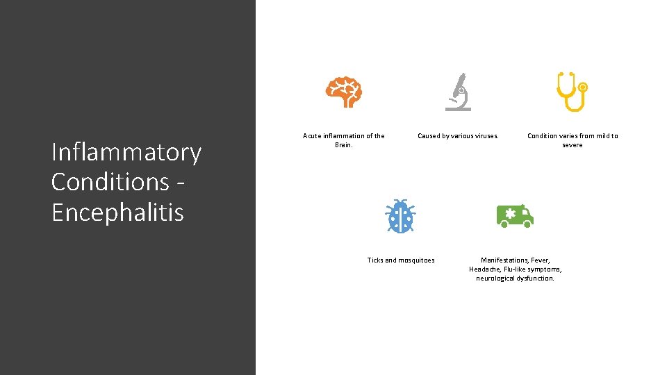 Inflammatory Conditions Encephalitis Acute inflammation of the Brain. Caused by various viruses. Ticks and Inflammatory Conditions Encephalitis Acute inflammation of the Brain. Caused by various viruses. Ticks and