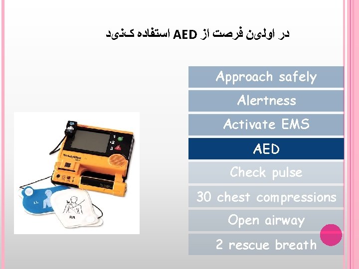  ﺍﺳﺘﻔﺎﺩﻩ کﻨیﺪ AED ﺩﺭ ﺍﻭﻟیﻦ ﻓﺮﺻﺖ ﺍﺯ Approach safely Alertness Activate EMS AED