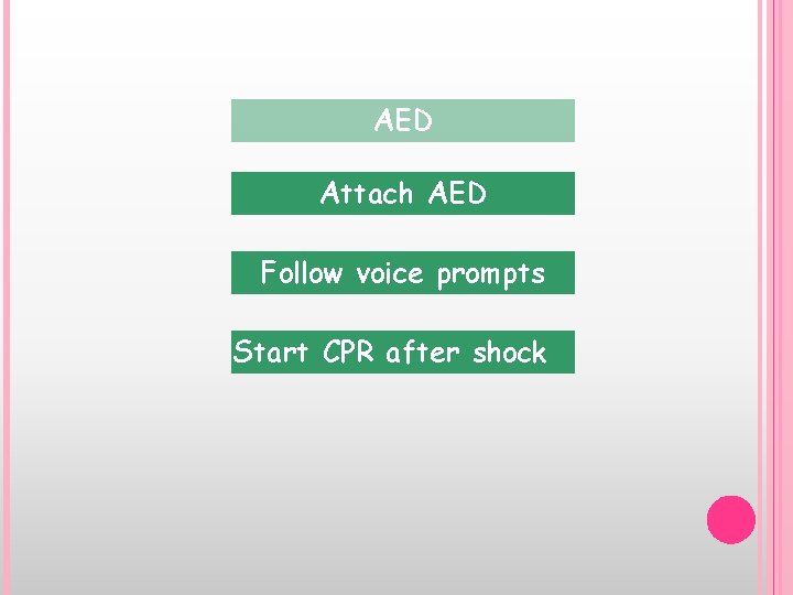 AED Attach AED Follow voice prompts Start CPR after shock 