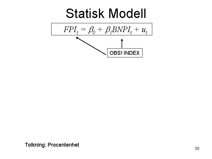 Statisk Modell FPIt = b 0 + b 1 BNPIt + ut OBS! INDEX