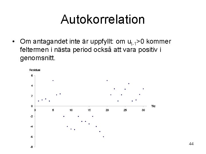 Autokorrelation • Om antagandet inte är uppfyllt: om ut-1>0 kommer feltermen i nästa period
