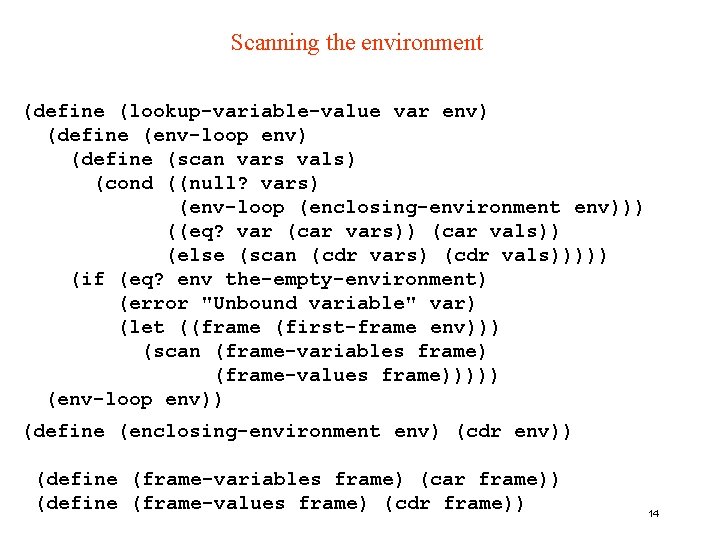 Scanning the environment (define (lookup-variable-value var env) (define (env-loop env) (define (scan vars vals)