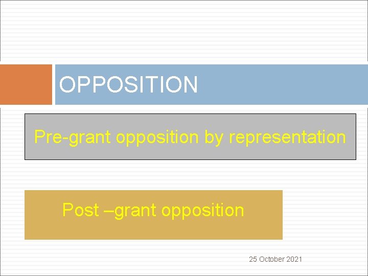 OPPOSITION Pre-grant opposition by representation Post –grant opposition 25 October 2021 