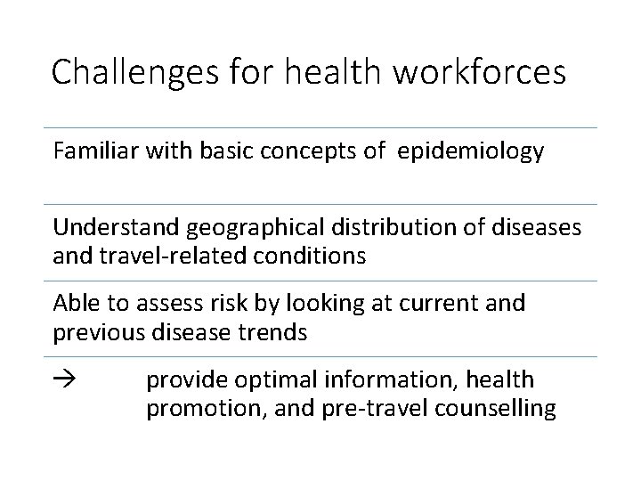 Challenges for health workforces Familiar with basic concepts of epidemiology Understand geographical distribution of