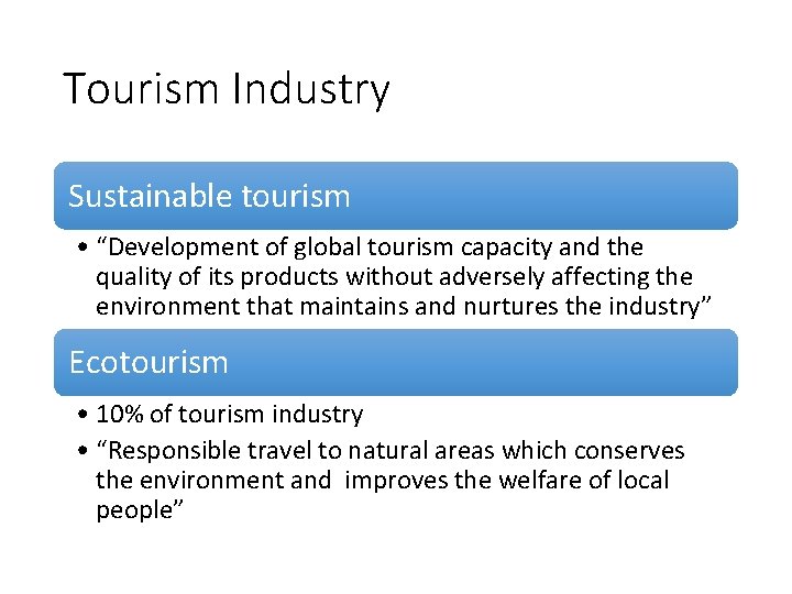 Tourism Industry Sustainable tourism • “Development of global tourism capacity and the quality of