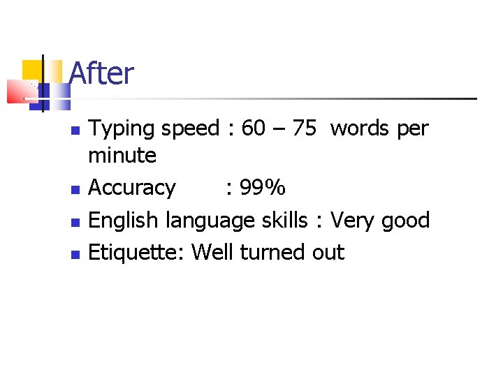 After Typing speed : 60 – 75 words per minute Accuracy : 99% English