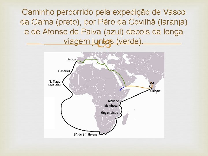 Caminho percorrido pela expedição de Vasco da Gama (preto), por Pêro da Covilhã (laranja)
