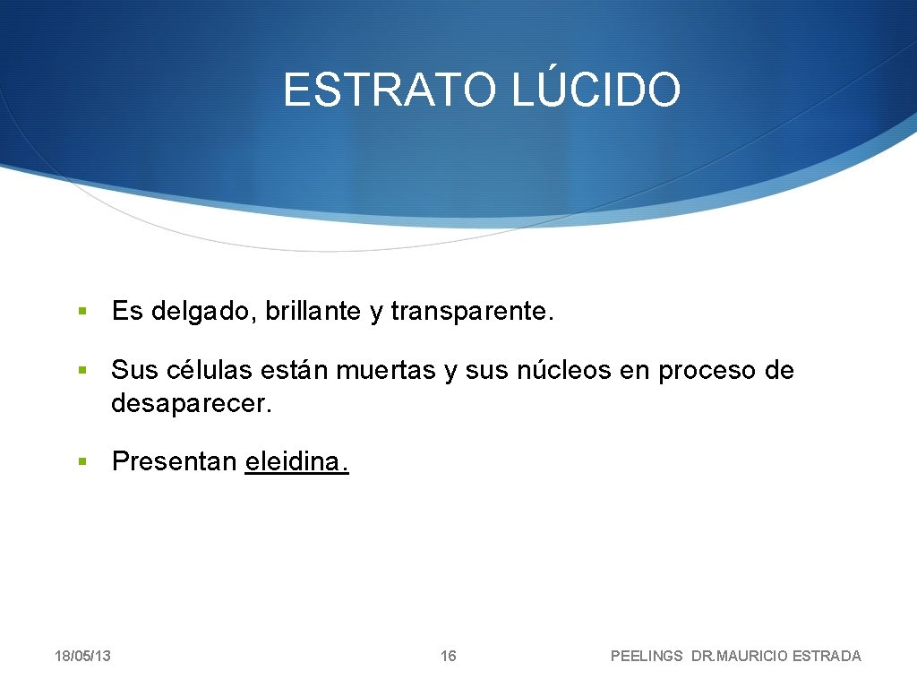 ESTRATO LÚCIDO § Es delgado, brillante y transparente. § Sus células están muertas y