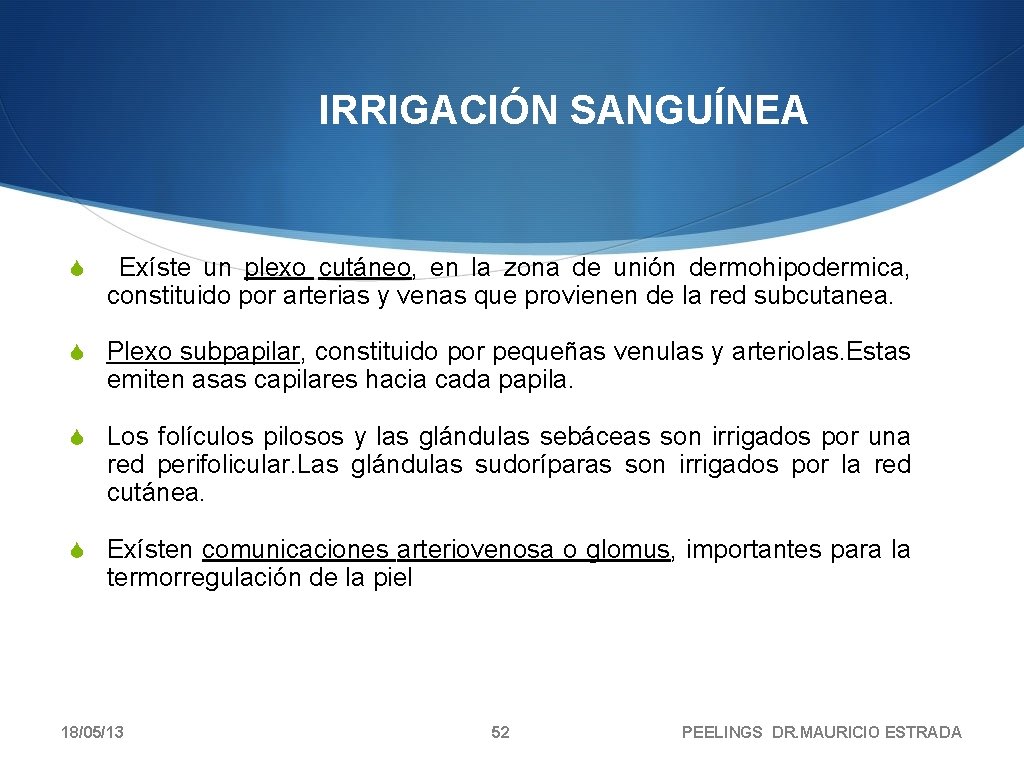 IRRIGACIÓN SANGUÍNEA S Exíste un plexo cutáneo, en la zona de unión dermohipodermica, constituido