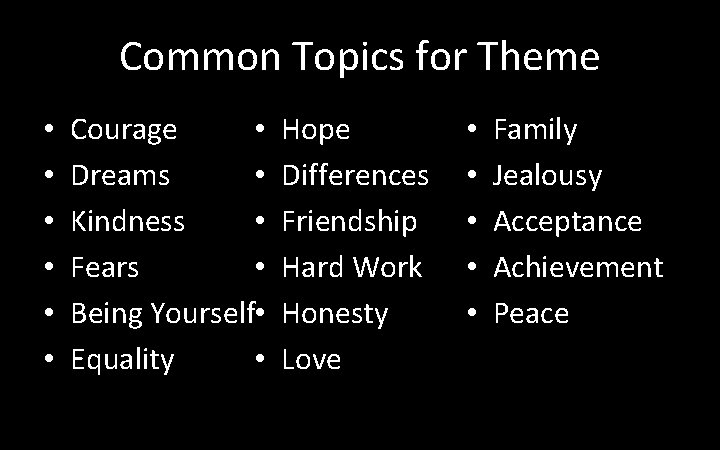 Common Topics for Theme • • Courage • Dreams • Kindness • Fears Being