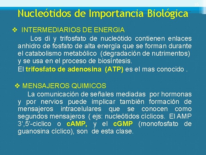 Nucleótidos de Importancia Biológica v INTERMEDIARIOS DE ENERGIA Los di y trifosfato de nucleótido