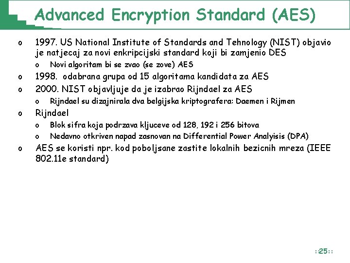 Advanced Encryption Standard (AES) o 1997. US National Institute of Standards and Tehnology (NIST)