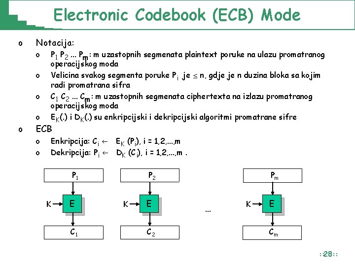 Electronic Codebook (ECB) Mode o Notacija: o o o P 1 P 2. .