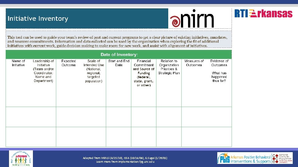 Adapted from Mi. BLSi (4/15/10), ISSA (10/19/09), G. Sugai (1/26/01) Learn more from implementation.