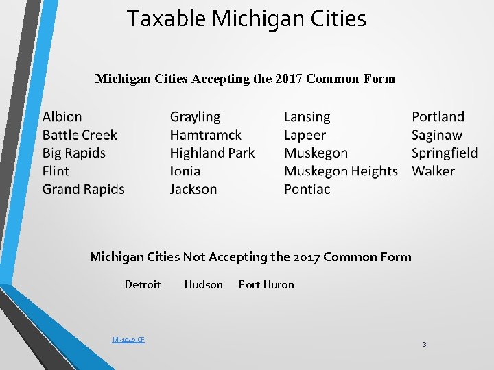 Taxable Michigan Cities Accepting the 2017 Common Form Michigan Cities Not Accepting the 2017