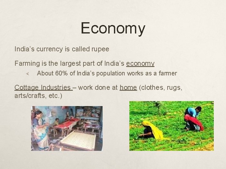 Economy India’s currency is called rupee Farming is the largest part of India’s economy