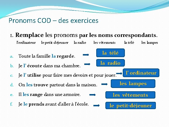 Pronoms COD – des exercices 1. Remplace les pronoms par les noms correspondants. l’ordinateur