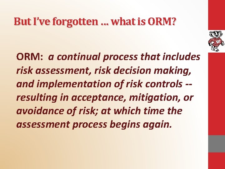 But I’ve forgotten … what is ORM? ORM: a continual process that includes risk