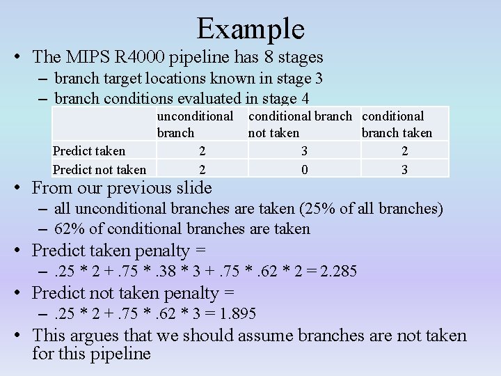 Example • The MIPS R 4000 pipeline has 8 stages – branch target locations