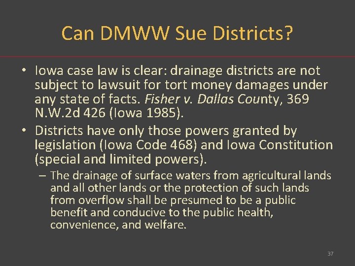 Can DMWW Sue Districts? • Iowa case law is clear: drainage districts are not