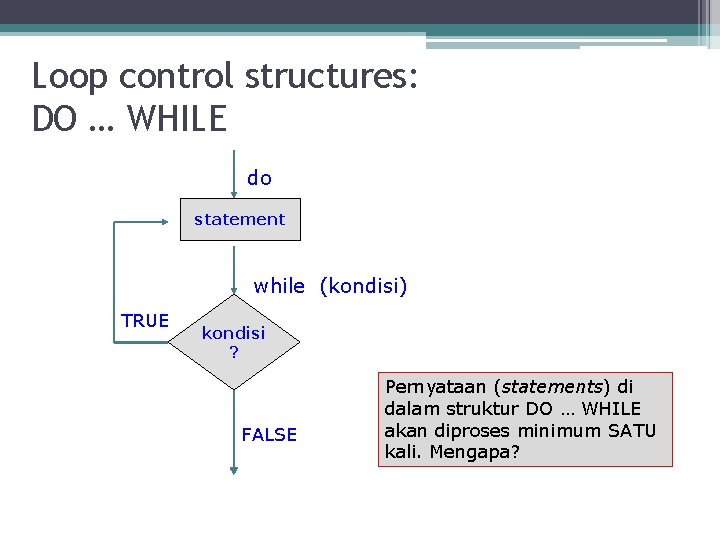 Loop control structures: DO … WHILE do statement while (kondisi) TRUE kondisi ? FALSE