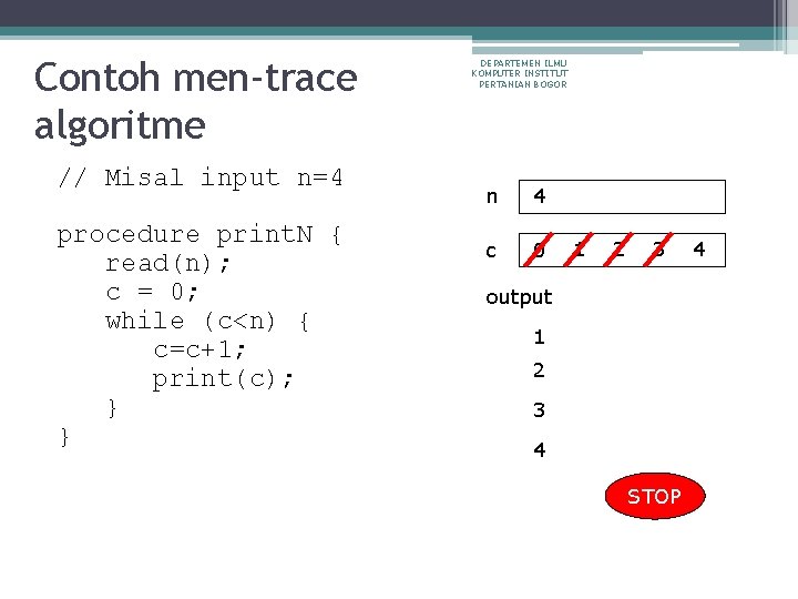 Contoh men-trace algoritme // Misal input n=4 procedure print. N { read(n); c =