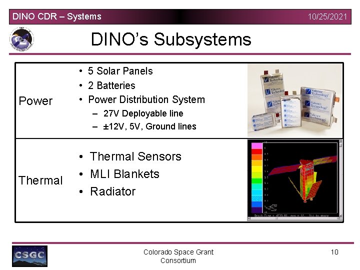 DINO CDR – Systems 10/25/2021 DINO’s Subsystems Power • 5 Solar Panels • 2