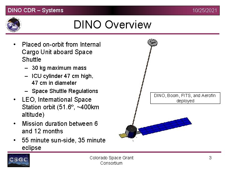 DINO CDR – Systems 10/25/2021 DINO Overview • Placed on-orbit from Internal Cargo Unit