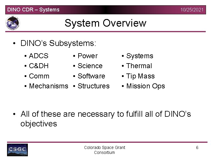 DINO CDR – Systems 10/25/2021 System Overview • DINO’s Subsystems: • ADCS • C&DH