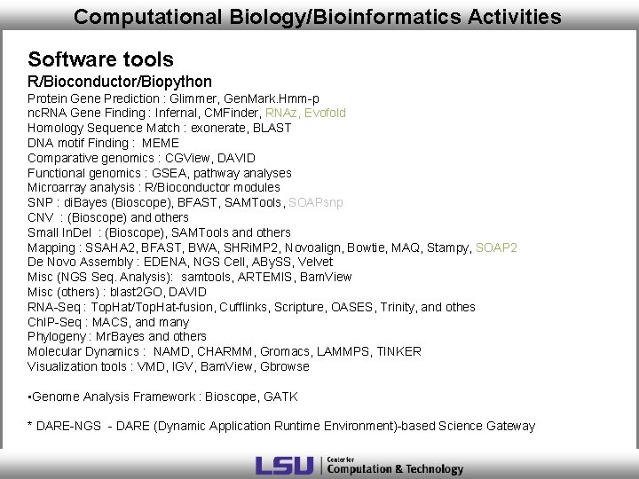 Computational Biology/Bioinformatics Activities Software tools R/Bioconductor/Biopython Protein Gene Prediction : Glimmer, Gen. Mark. Hmm-p