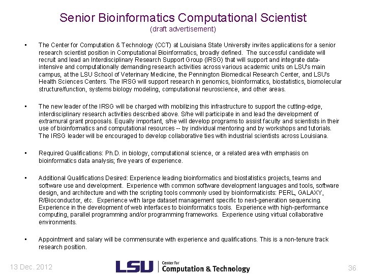 Senior Bioinformatics Computational Scientist (draft advertisement) • The Center for Computation & Technology (CCT)