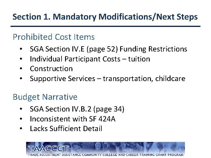 Section 1. Mandatory Modifications/Next Steps Prohibited Cost Items • • SGA Section IV. E