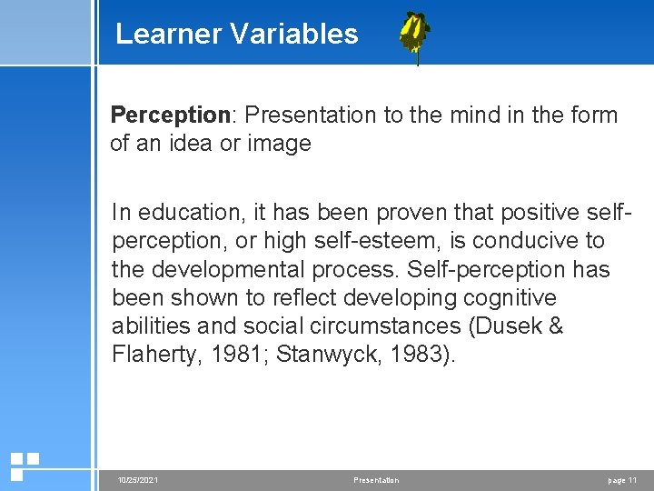 Learner Variables Perception: Presentation to the mind in the form of an idea or