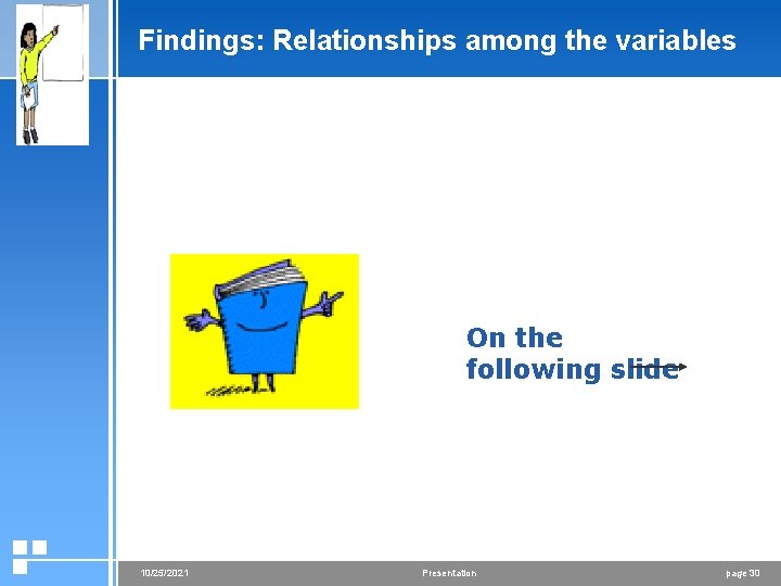 Findings: Relationships among the variables On the following slide 10/25/2021 Presentation page 30 