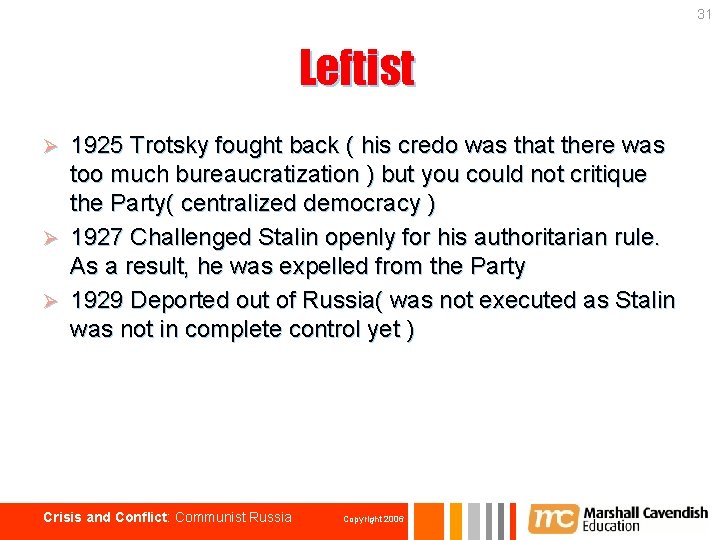 31 Leftist 1925 Trotsky fought back ( his credo was that there was too