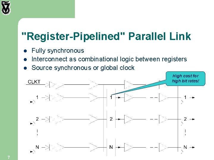 "Register-Pipelined" Parallel Link l l l Fully synchronous Interconnect as combinational logic between registers