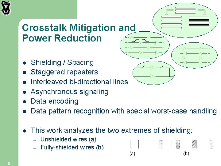 Crosstalk Mitigation and Power Reduction l Shielding / Spacing Staggered repeaters Interleaved bi-directional lines